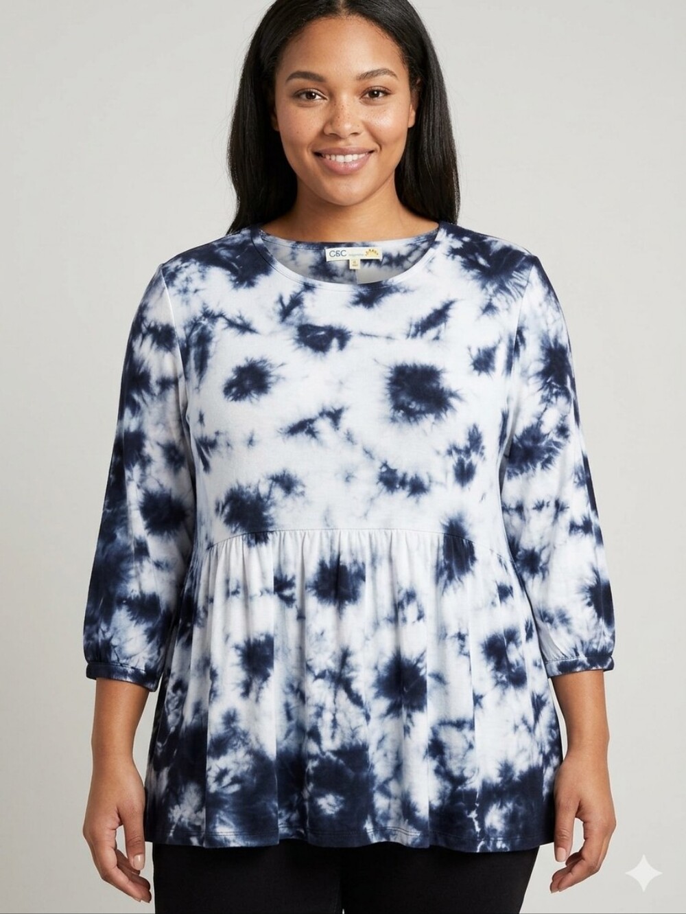 C&C California Navy and White Tie-Dye 3/4 Sleeve Peasant Top